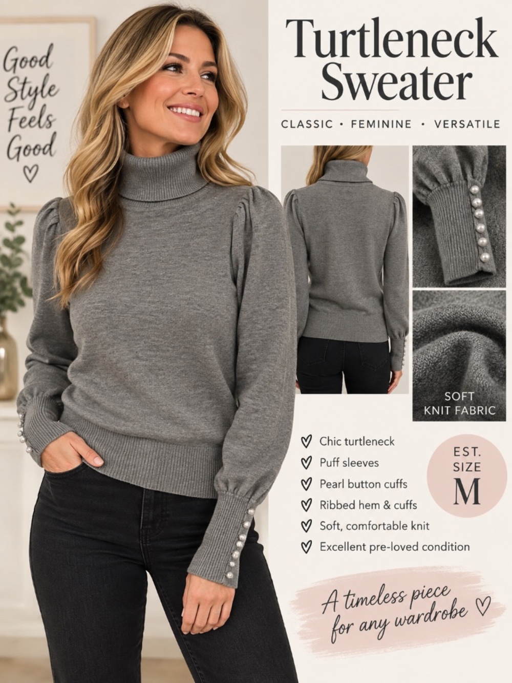 Gray Turtleneck Sweater Pearl Button Cuffs Puff Sleeves Est. M